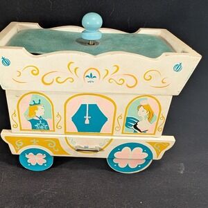 Vintage Wooden Princess Carriage Jewelry Box Red Velvet Lining Mid Century Decor